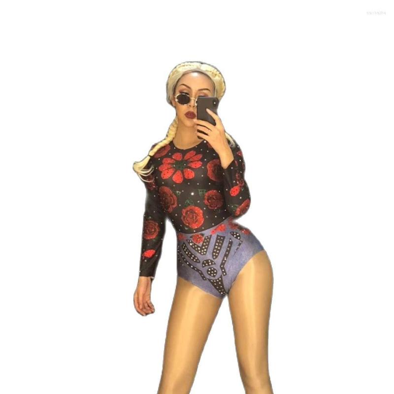 

Stage Wear Women Sexy Party 3D Flower Stretch Shining Rhinestones Bodysuit Dance Leotard Performance Costume
