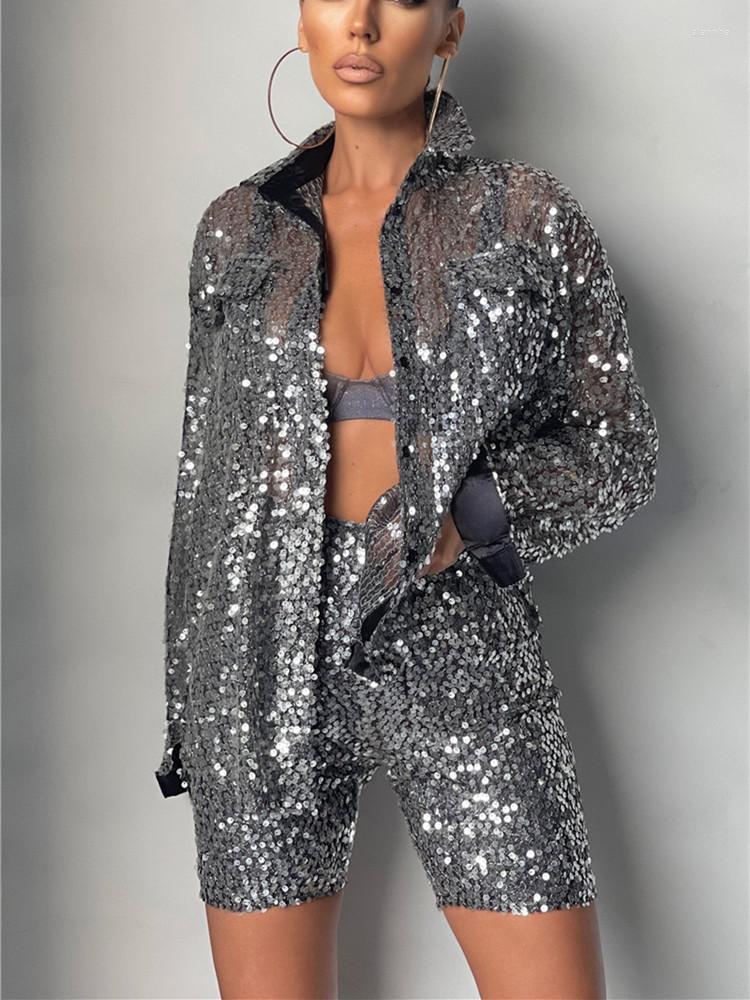 

Women' Tracksuits Hirigin Shiny Sequins Two-Piece Shorts Sets Women Clubwear Fall Summer Fashion Long Sleeve Button Down Shirts High Waist