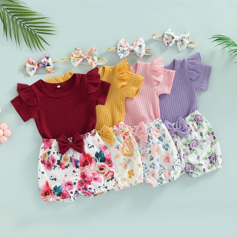 

Clothing Sets Toddler Girls Summer 3Pcs Outfit Solid Color Short Sleeve Ruffle T-shirt Floral Lantern Shorts Headband 0-3T, Pink