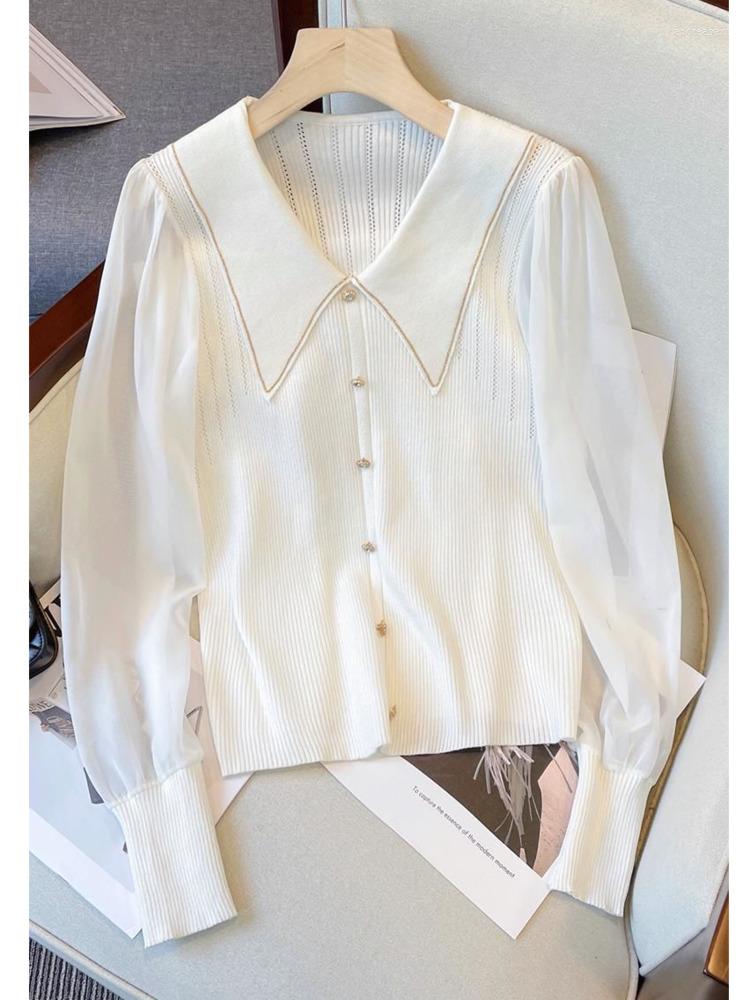 

Women's Sweaters Oversize -4XL Pullovers 2022 Autumn Chiffon Stitching Long Sleeve Knitted Tops Turn-down Collar Office Jumpers, Black