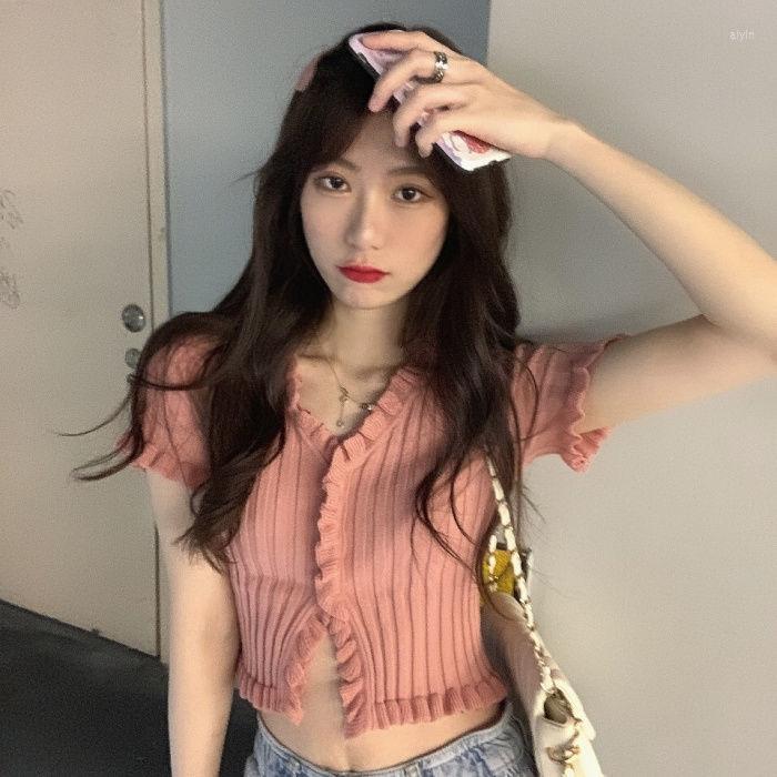 

Women' T Shirts Woman Tshirts Short Top Clothes Women 2022 Summer High Waist V-neck Sleeve Knitwear Crop Mujer Camisetas, Black