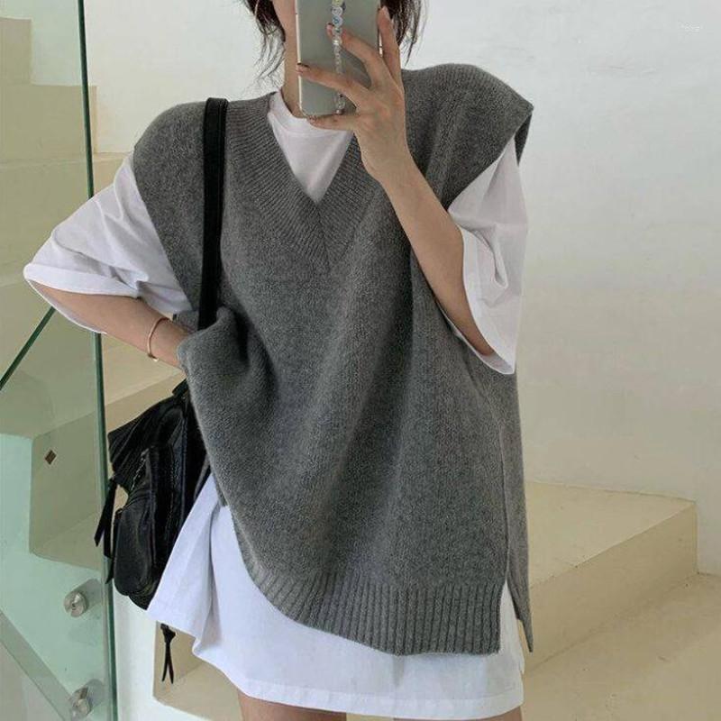 

Women' Vests Women Loose Vest Female Knitted Sweater Sleeveless Jumper Ladies V-Neck Pullovers Waistcoat Pull Femme Outerwear, Gray vest