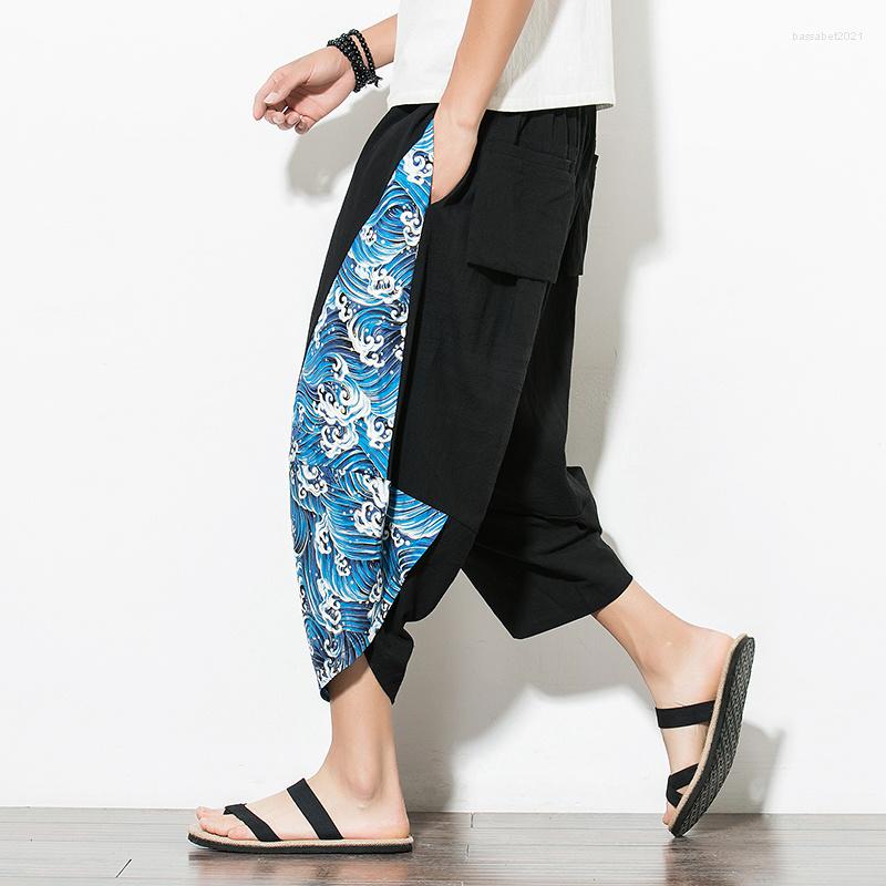 

Men's Pants Chinese Traditional Dress Dragon Pattern Patchwork Linen Harem Cropped Men Spring Summer Plus Size Tai Chi Clothes, Black