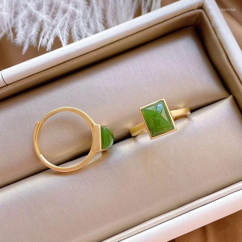 

Cluster Rings Original Design Natural Hetian Jasper Geometric Opening Adjustable Ring Chinese Style Retro Court Elegant Women's Silver