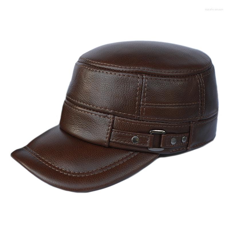 

Berets Winter-proof Leather Hat Men's Ear Protection Cowhide Cap Flat Top Middle-aged And Elderly Warm Cotton Old Man Dad Visors, Brown