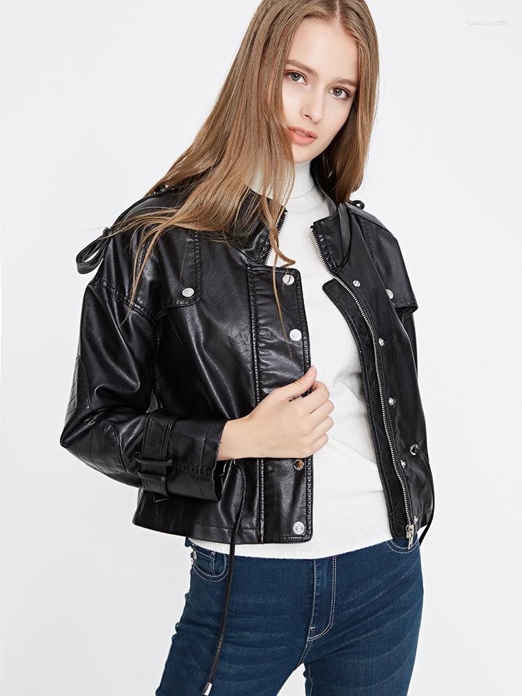 

Women' Leather FMFSSOM Faux Short Jacket Belt Adjustable Waist Black Coat Women Autumn Long Sleeve Casual Moto Biker Warm Outwear