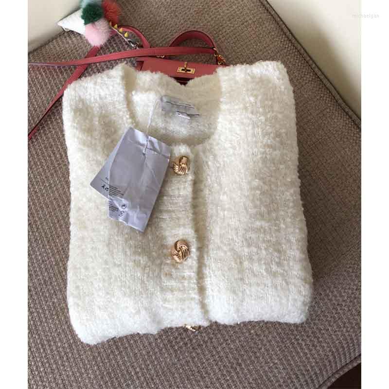 

Women' Knits 2022 Women Knitted Cardigan Short White Sweater Long Sleeve O-Neck Metal Button SingleBreasted Elegant Jacket