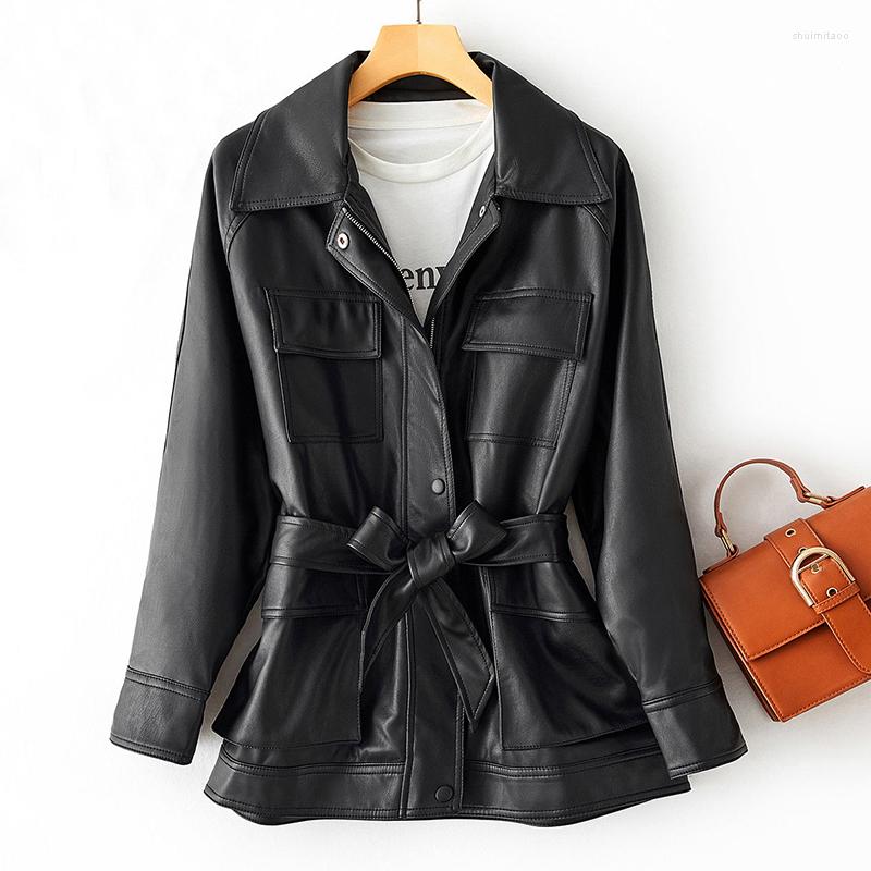 

Women' Leather Trendy Women Loose Pu Faux Jacket With Belt Spring Autumn Casual Female Medium Long Coat Big Pocket Black Outwear