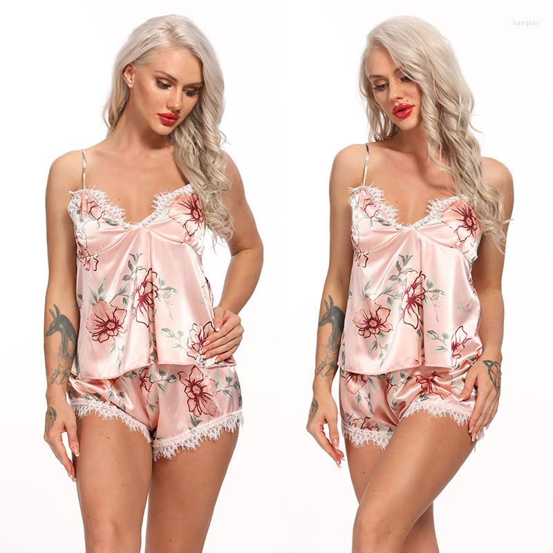 

Bras Sets Summer Sexy Lace Satin Pajamas Sleepwear Women's Suspenders Home Service Casual 2 Piece Girl's Outfits Shorts And Tops, Beige