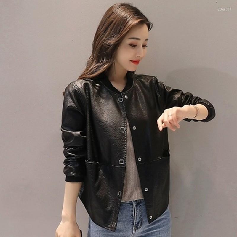 

Women's Leather Spring Autumn Women PU Jacket Single Breasted Pocket Black Casual Bomber Coat Female Short Outwear Loose Teens Girls