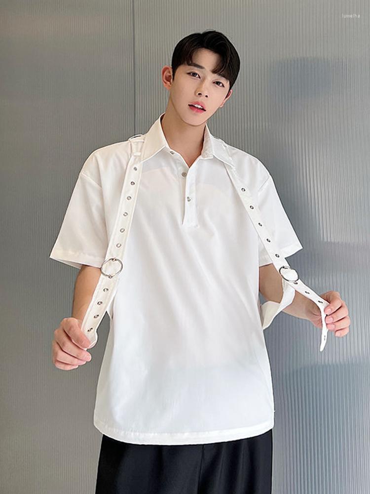 

Men's T Shirts Designer 2023 Personalized Summer Hole Strap Short Sleeve Shirt Solid Color Male Tops Single Breasted Temperament 2A5125, Black