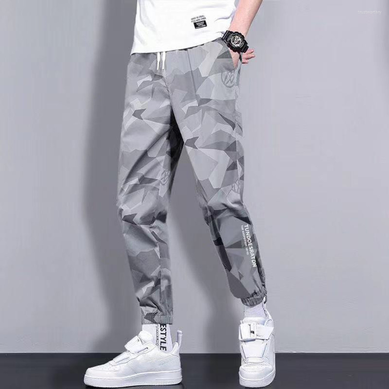 

Men's Pants Autumn Men's Casual Elastic Waist Slim Fitharem Camouflage Beam Feet Nine-point Overalls Trousers Streetwear, Black