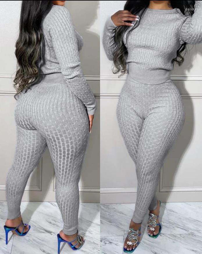

Women' Two Piece Pants Sets Womens Outifits 2022 Autumn O-Neck Fashion Plain Long Sleeve Cable Knit Sweater & Casual Daily Set