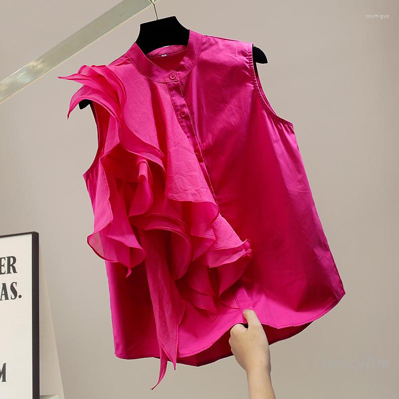 

Women' Blouses Three-Dimensional Ruffled Stitching Sleeveless Shirt Women' Fashion Tops All-Match Cotton Blusas Camisas De Mujer, Blue