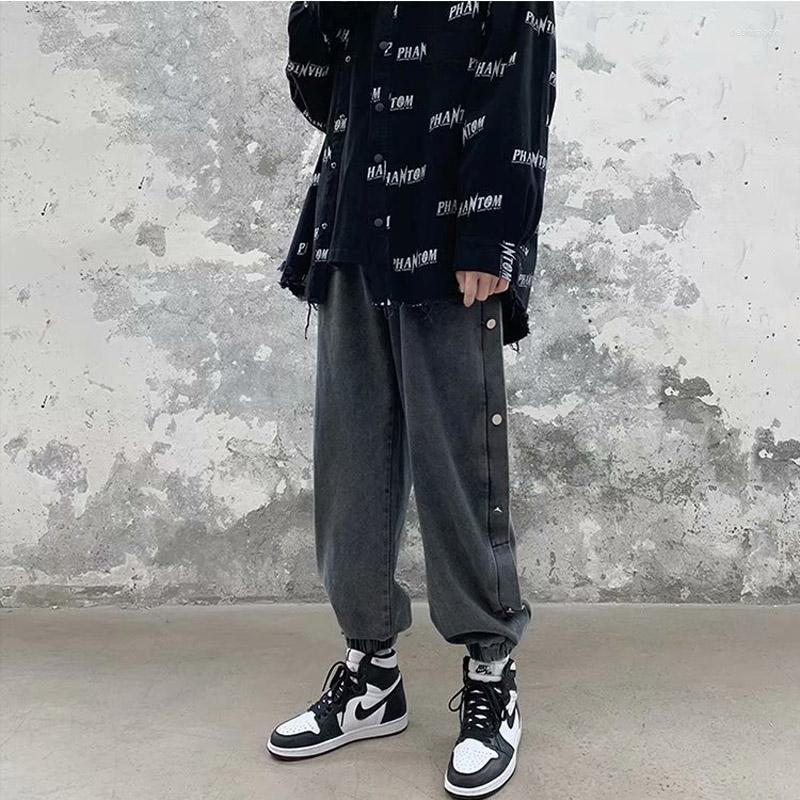 

Men' Pants Spring Winter 2022 Men' Loose Breasted Button Trousers Brand Korean Handsome Casual Teenagers Cropped Denim Jeans, Black