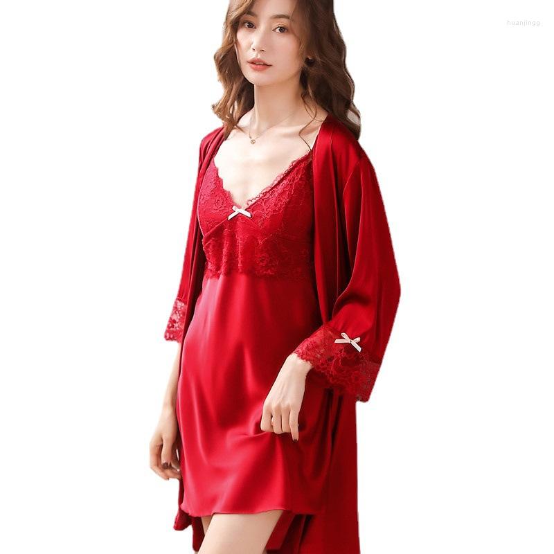 

Women's Sleepwear Women's Silk Pajamas With Breast Pads Spring And Summer Sexy Lace Temptation Suspender Nightdress Nightgown Two-piece