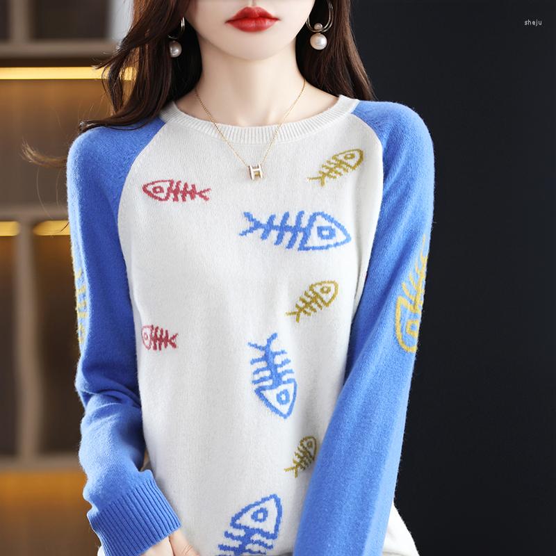

Women's Sweaters Wool Women's Clothing Round Neck Pullover 2022 Autumn And Winter Color Matching Top Fashion Embroidery Knitted Swea, Blue
