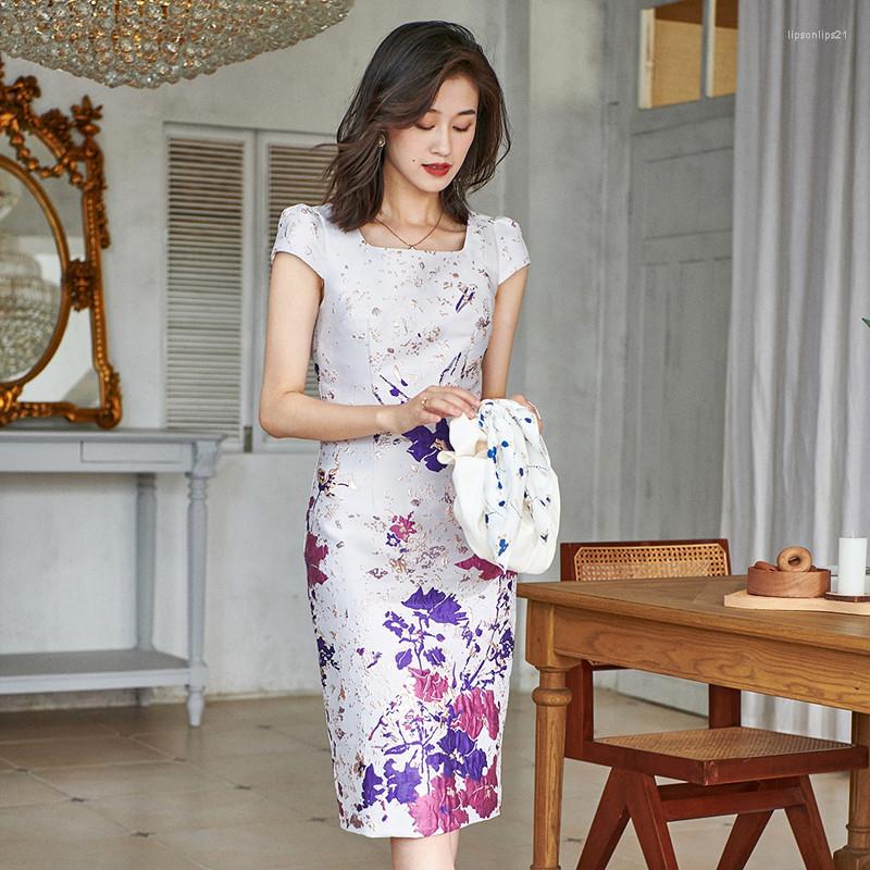 

Casual Dresses 2022 Summer Jacquard Dress Pencil Straight Sexy Mini Square Collar Short Sleeve Party Evening Women Clothing Floral, White