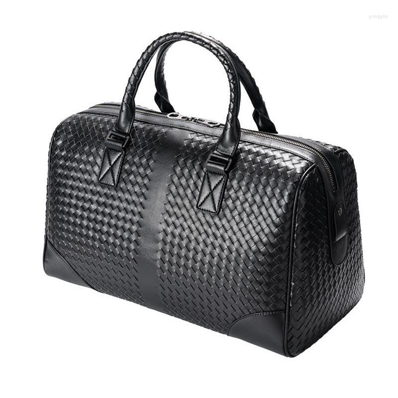 

Duffel Bags Genuine Leather Travel Luxury Men Large Capacity Portable Male Shoulder Brand Real Vintage Weave Duffle, Black