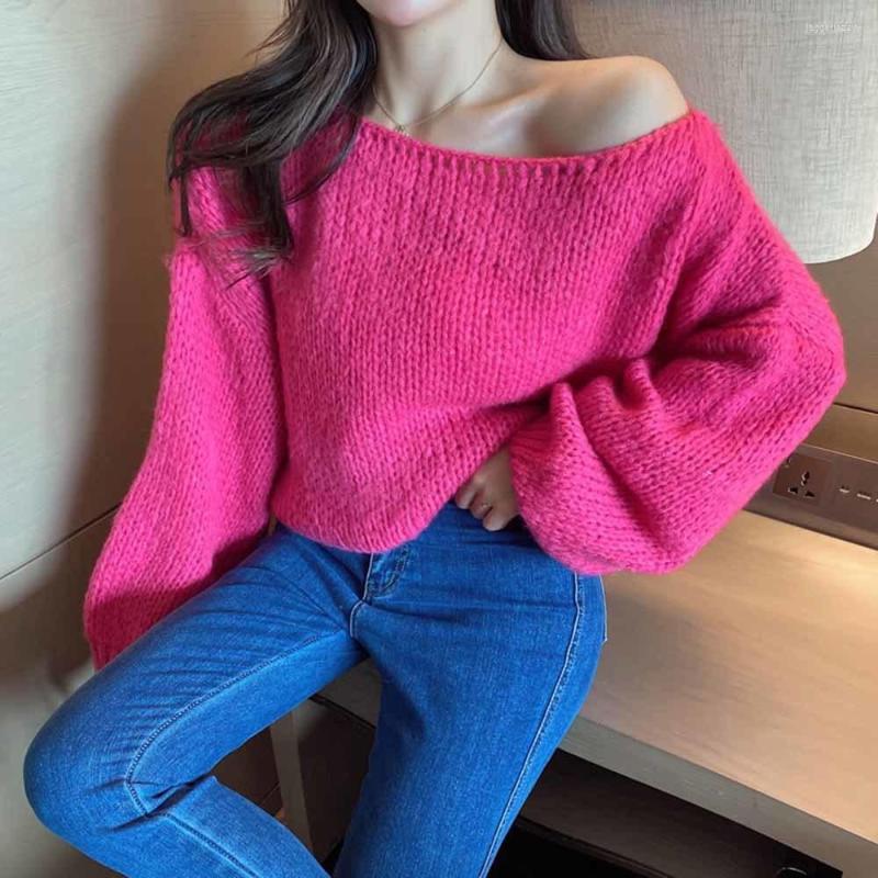 

Women's Sweaters 2022 Thick Women Sweater Loose Cute Autumn Knitted Jumper Sexy Off Shoulder Sweet Long Sleeve Female Tops, Green