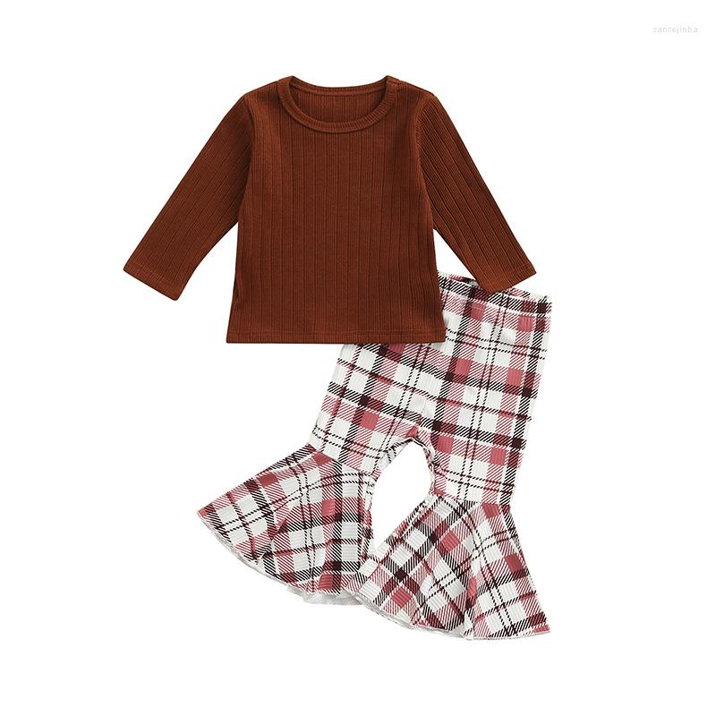 

Clothing Sets 0-3Y Born Baby Girl Long Sleeve Cotton T-shirt Tops Plaid Flared Pant 2PCS Outfits Set, Picture shown