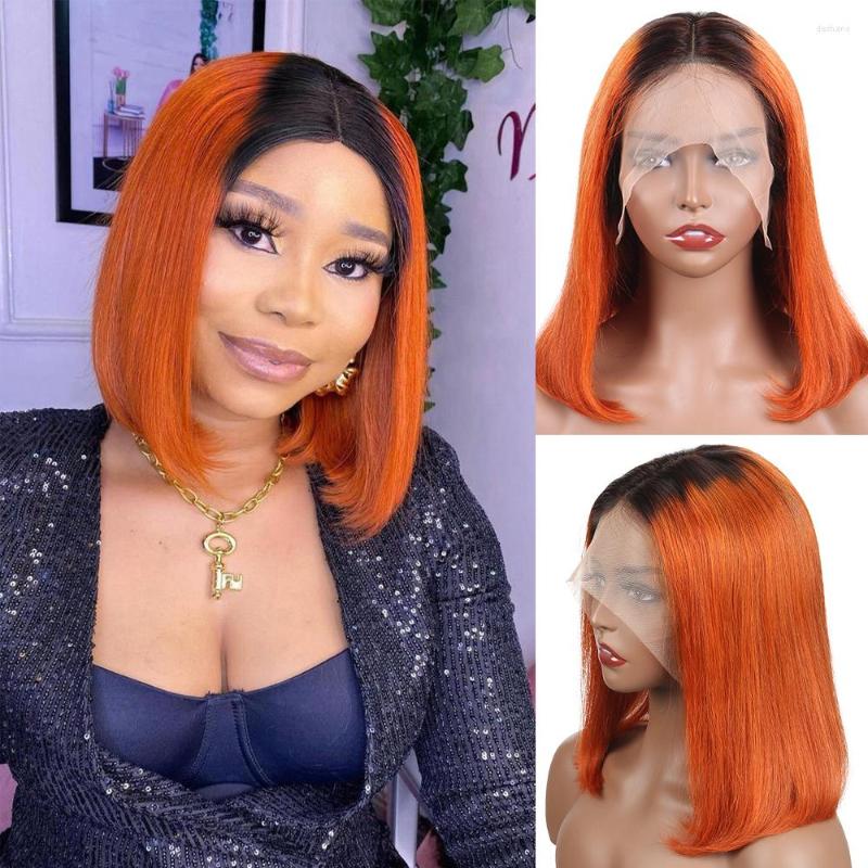 

Short Bob Wig Ombre Ginger Lace Wigs For Women Brazilian Human Hair Pre Plucked Hairlin Highlight Orange, Picture shown