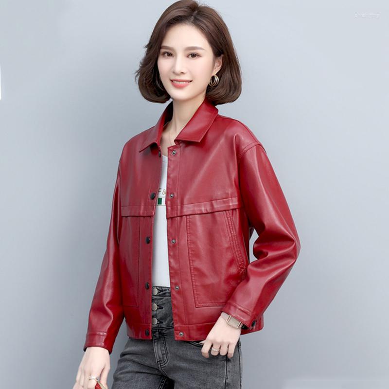 

Women's Leather Spring Autumn Women Casual Jacket 2022 Ladies Turn-down Collar Single Breasted Moto Biker Sheepskin Coat Size -5XL, Black