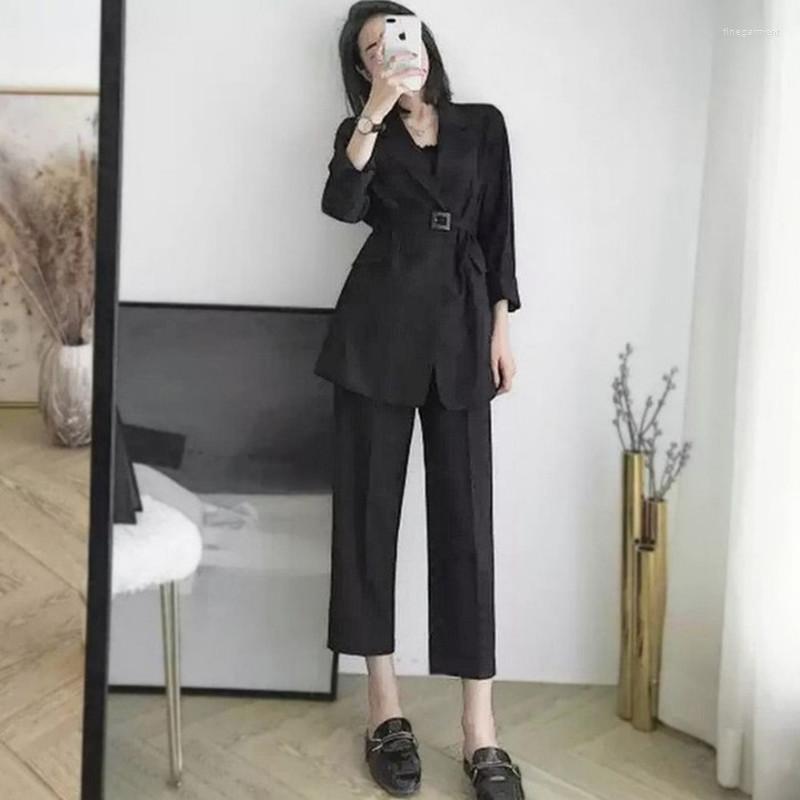 

Women' Two Piece Pants Women 2022 Spring Autumn Pieve Suits Female Office Ladies Pant Belted Blazer Work Wear Sets E984, Khaki