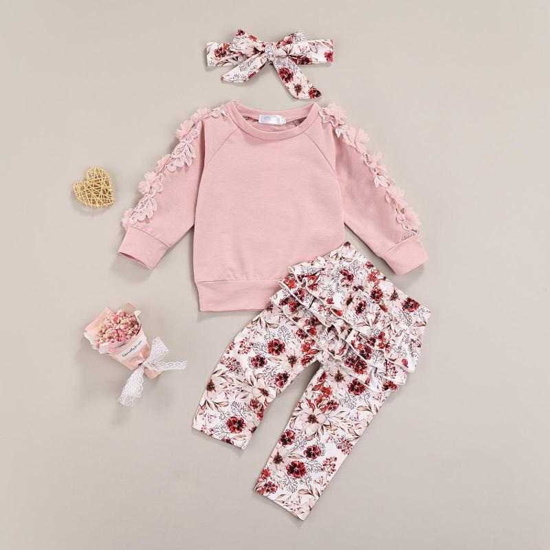 

Clothing Sets FOCUSNORM 3Pcs Little Girls Lovely Clothes Outfit Solid Lace Long Sleeve Sweatshirt Tops Floral Printing Pants Headband, Picture shown