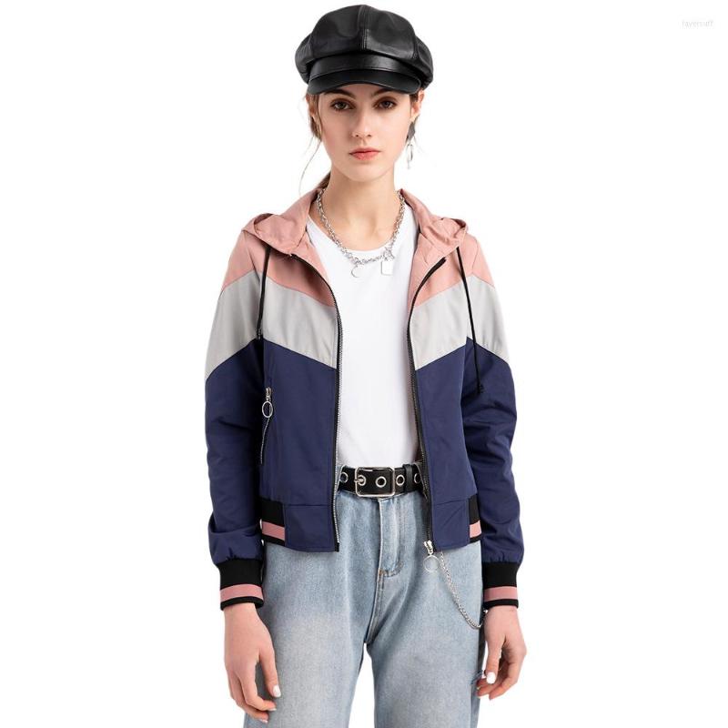 

Women' Trench Coats Women' Clothing Short Coat Spring Autumn Lady Thin Women Hooded Jacket Outdoor Color Matching Contrast, Blue pink and black
