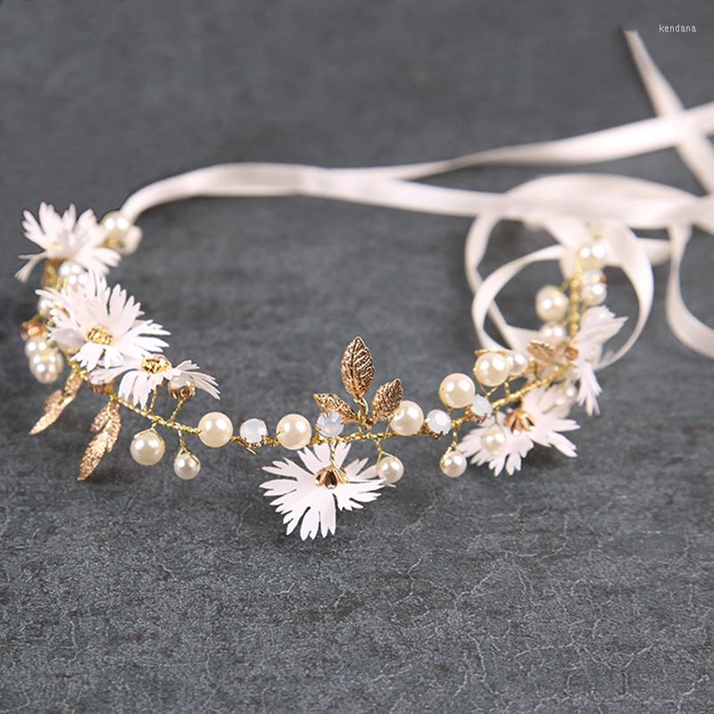 

Hair Clips Bride Accessories Gold Plated Leaf Flower Headband Bridal Tiara Wedding Jewelry Ribbon Wreath Hairband Pearl Headpiece