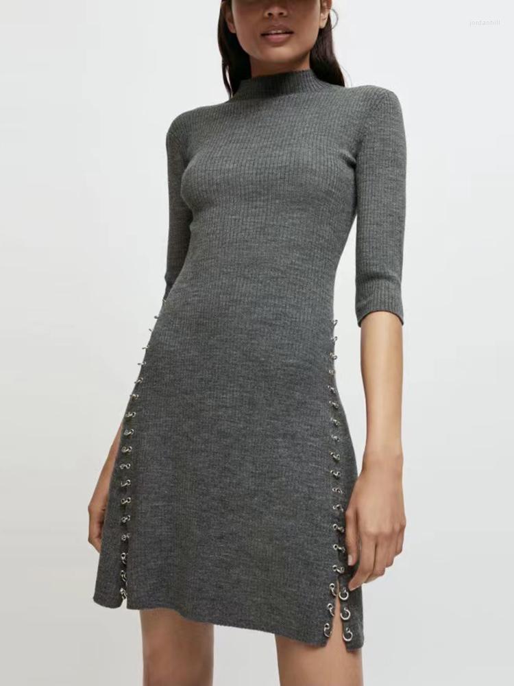 

Casual Dresses Fall Winter Knitted Dress Women Side Ring Buckle Slit Half Turtleneck A-line Skirt Ladies French Elegant Female Grey Robe