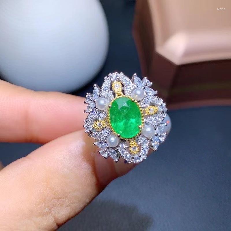 

Cluster Rings Natural Green Emerald Ring Genuine S925 Sterling Silver Fashion Vintage May Birthstone For Women Fine Jewelry