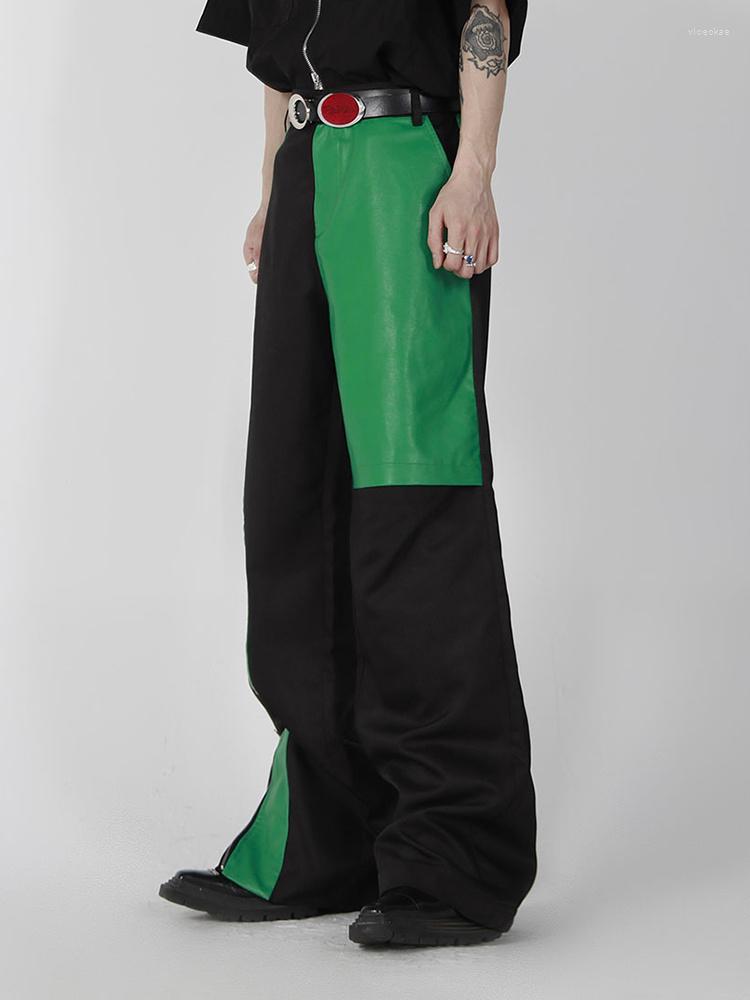 

Men's Pants Contrast Niche Irregular Color Straight PU Leather Splicing Design 2023 Wide Leg Casual High Street Male Trousers, Black