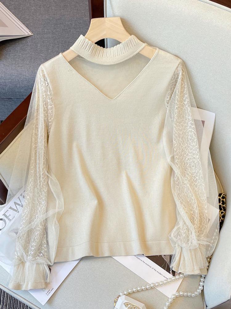 

Women's Sweaters Women's Large Pullover Autumn Fashionable Mesh Lace Patchwork Jumpers Long Sleeve Bottoming Tops Korean Style, Black