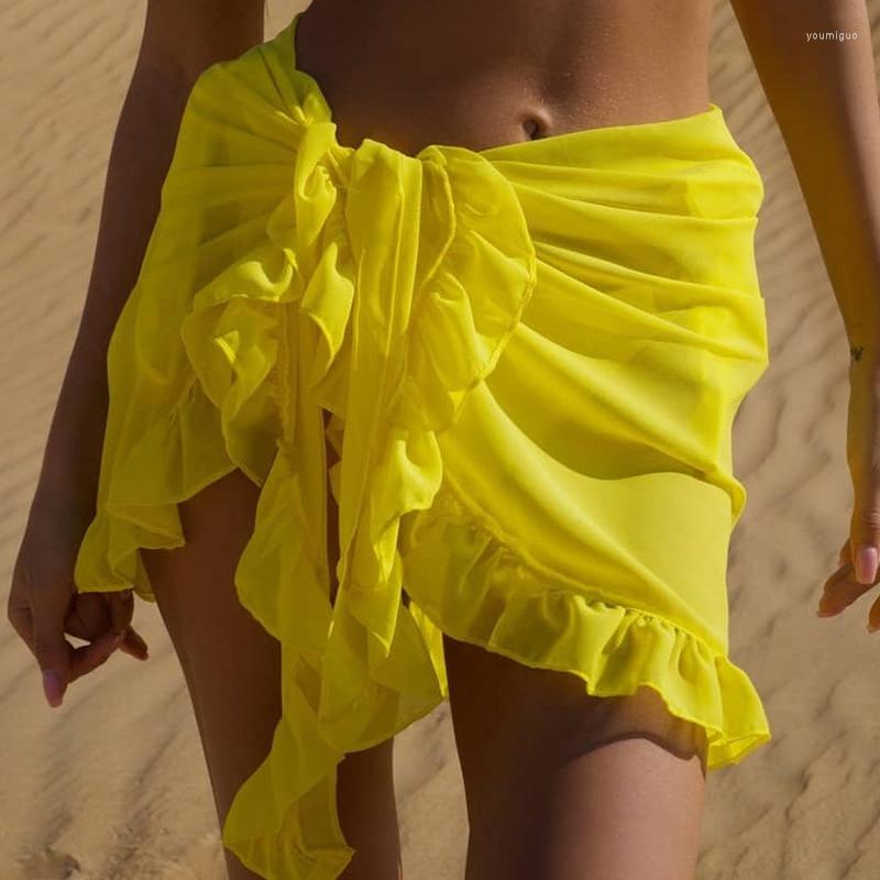 

Skirts Fluorescent Color Thin Mesh Mini Ruffle Summer Beach Cover Up Tassel Dress Bathing Skirt Women Swimsuit Chiffon Swimwear, A1 50x180cm