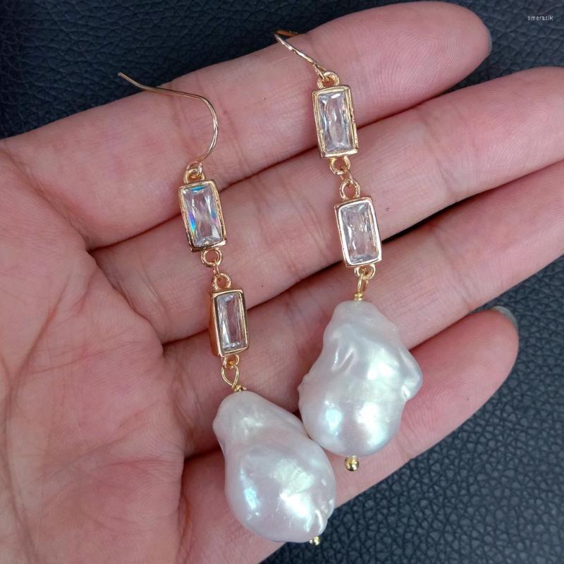 

Dangle Earrings YYGEM Natural Nucleated Flameball Baroque Pearl Cz Pave Chain Hook