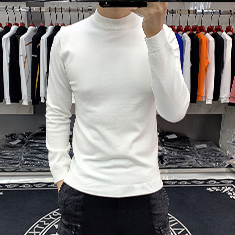 

Mid Neck Men's Sweater Solid Color Turtleneck Casual Bottoming Shirt High Collar Knitted Sweater Fashion Youth Slim Man Clothing 4xl, Black