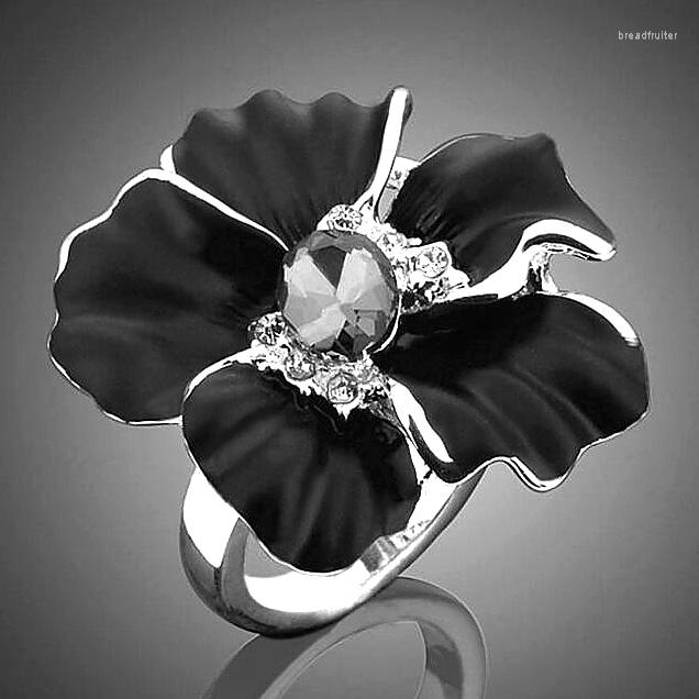 

Cluster Rings Antique Silver Color Enamel Ring With Black Crystal Big Flower For Women Romantic Vintage Jewelry Christmas Gift
