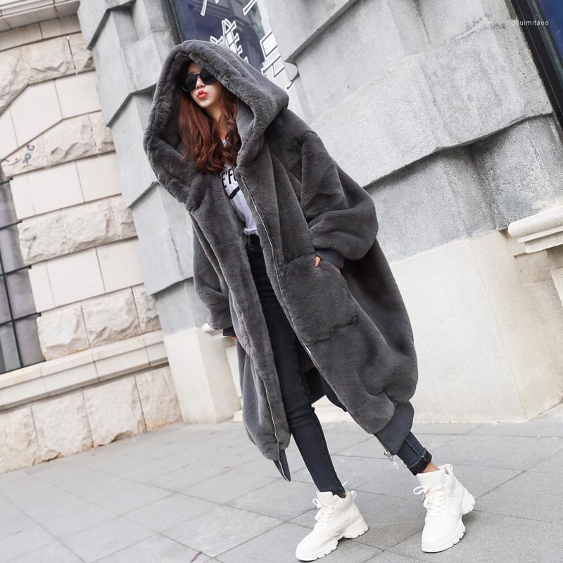 

Women's Leather Autumn And Winter Fur Coat Thickened Long Hooded Zipper Plush Women's Casual Warm Jacket Artificial, Black