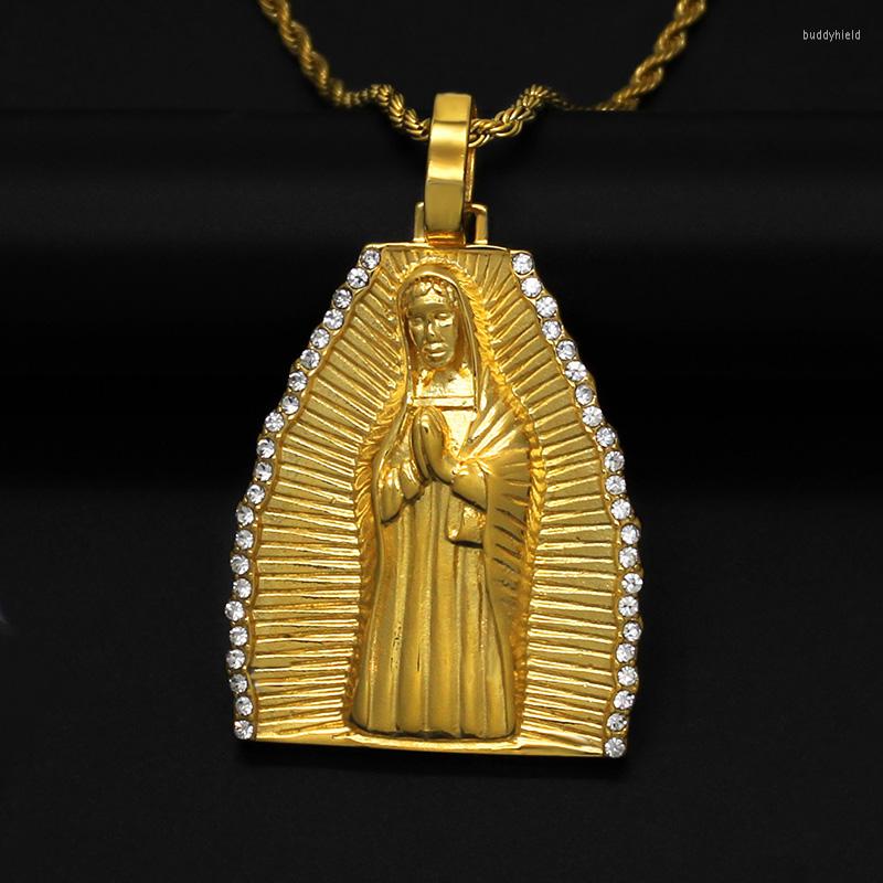 

Pendant Necklaces Hip Hop Bling Iced Out Gold Color Stainless Steel Big Button Solid Virgin Mary Pendants For Men Rapper Jewelry Gift