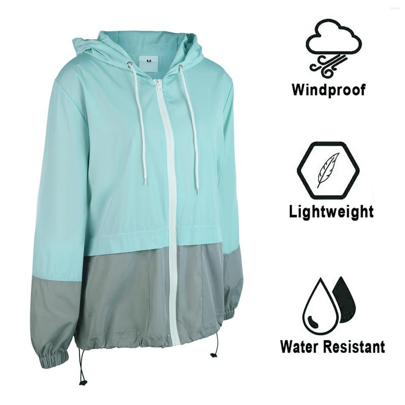 

Women' Trench Coats Women Packable Rain Jacket Outdoor Color Block Hooded Windbreaker With Drawstring, Blue