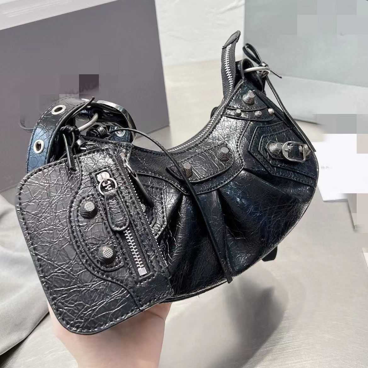 

leather Fashion lecagole Balenicass biker bag 22 New style cowhide motorcycle armpit rivet tassel three in one month teeth pleated shoulder cross body women's, Sky blue