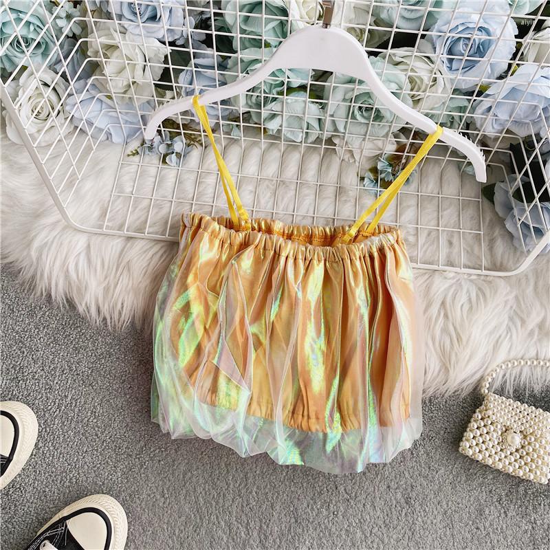 

Women's Tanks 2022 Sweet Women Shiny Crop Tops Short Laser Camisole Woman Femme Latern Camis, Pink