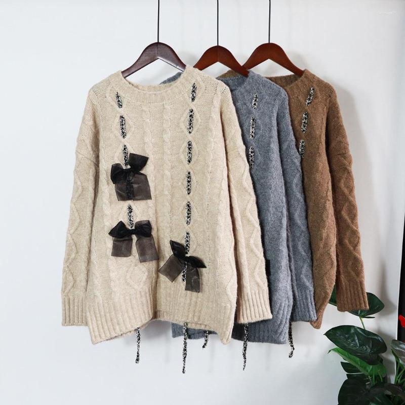 

Women's Sweaters 3D Bow Decoration Pullover Sweater Women 2022 Autumn O Neck Puff Sleeve Sweet Knit Top Korean Loose Outer Wear Jumper, Gray
