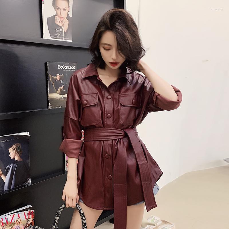 

Women' Leather JuneLove Spring Women Solid Pockets Fashion PU Jackets Vintage Female Single Breasted Sashes Lady Coats Outwears, Black