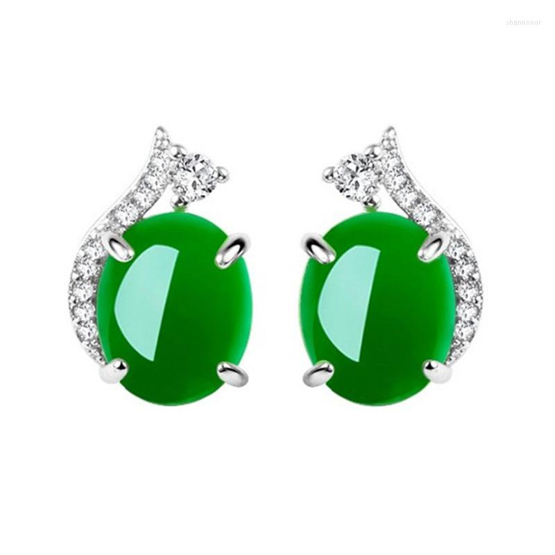 

Stud Earrings Real 925 Sterling Silver For Women Lady Round Natural Green Jade Emerald Gemstone Party Fine Jewelry