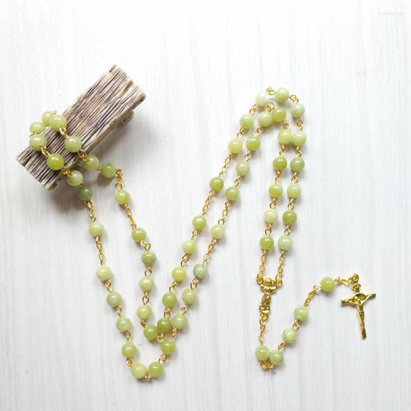 

Pendant Necklaces Diyalo Green Yellow Natural Stone Beads Chain Prayer Chaplet Gold Color Crucifix Cross Rosary Necklace Church Baptism
