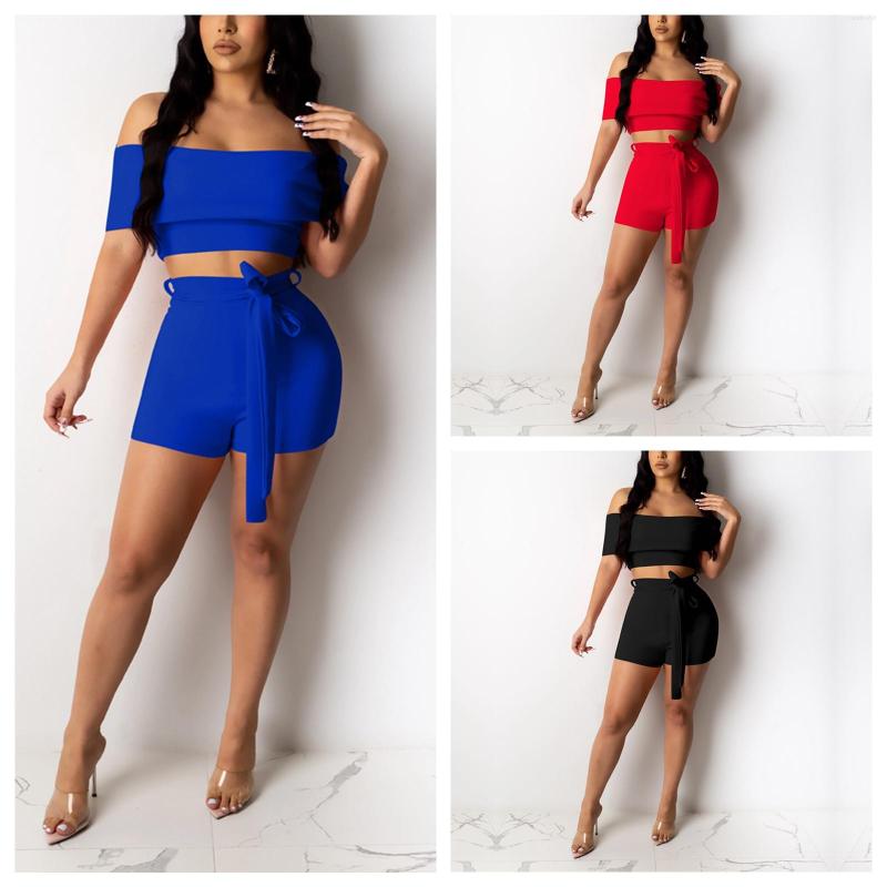 

Women' Tracksuits Womens Short Sleeve And Shorts Suit Fashion Solid Color Off-shoulder Cropped Tops Bandage Tight, Red