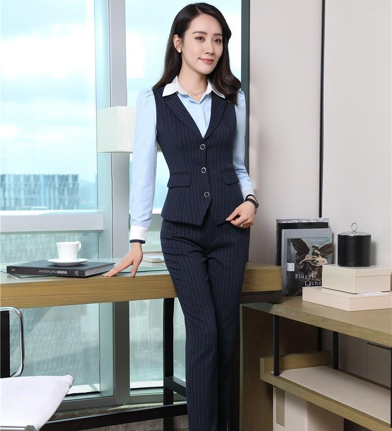 

Women' Two Piece Pants Formal Women Business Suits With Pant And Vest Waistcoat Top Sets Blue Striped Ladies Office Uniform Designs, Picture shown